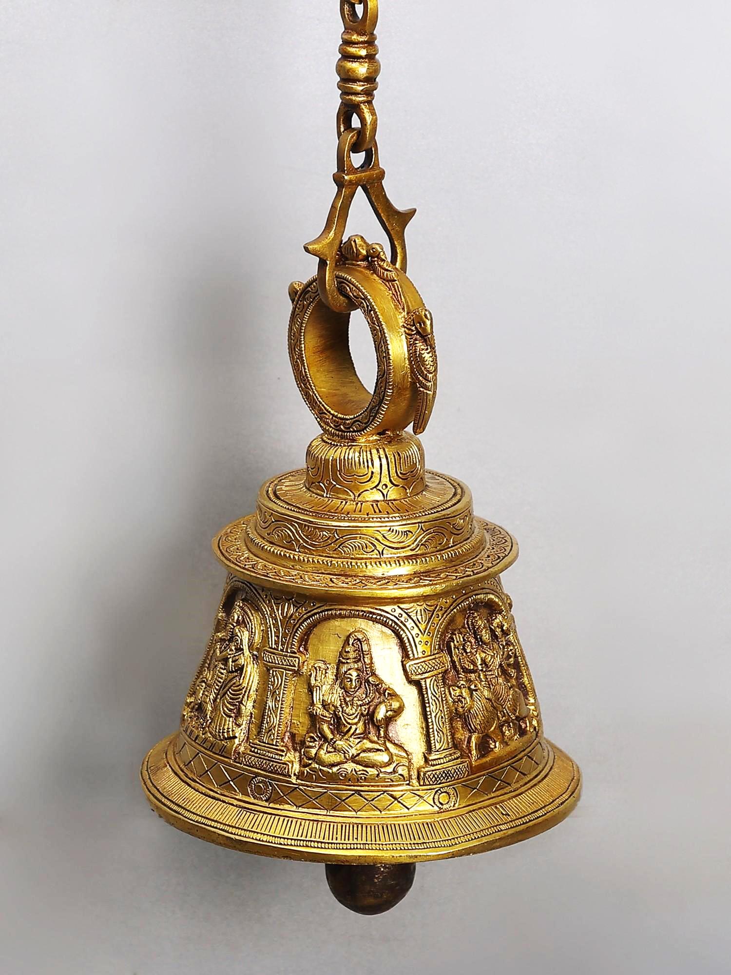 42" Brass Temple Hanging Bell with Parrot Bracket | Lord Shiva, Hanuman, Ganesha, Goddess Lakshmi, Durga and Radha Krishna | Exotic India Art