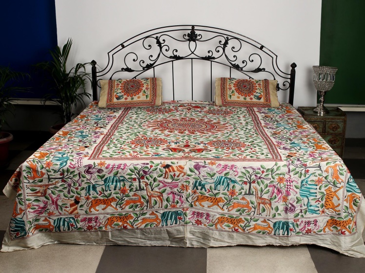 Antique-White Pure Silk Kantha Bed Cover And Pillow Covers From Bengal With Multicolor Fine Animal Motif Embroidery That Takes An Year To Complete | Exotic India Art