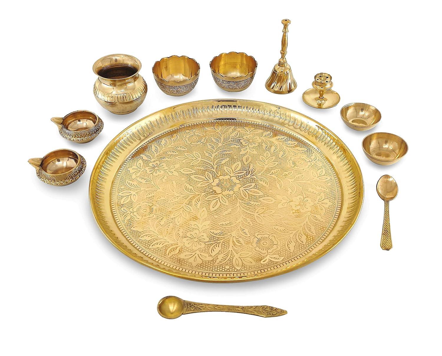 BENGALEN Brass Pooja Thali Set 12 Inch Pital Puja Thali with Plate Kalash Bowl Spoon Palli Ghanti Kuber Diya Chandan Wati Dhup Dan Puja Thali for Diwali Home Office Mandir Wedding Return Gift Items - Today Calendar Store