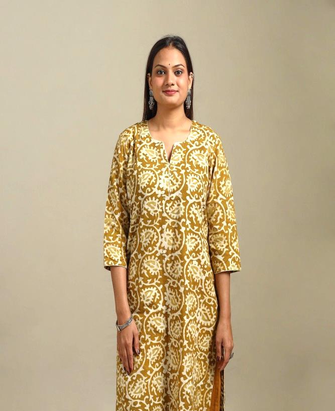 Brown Straight Cotton Hand Block Batik Print Kurta for women