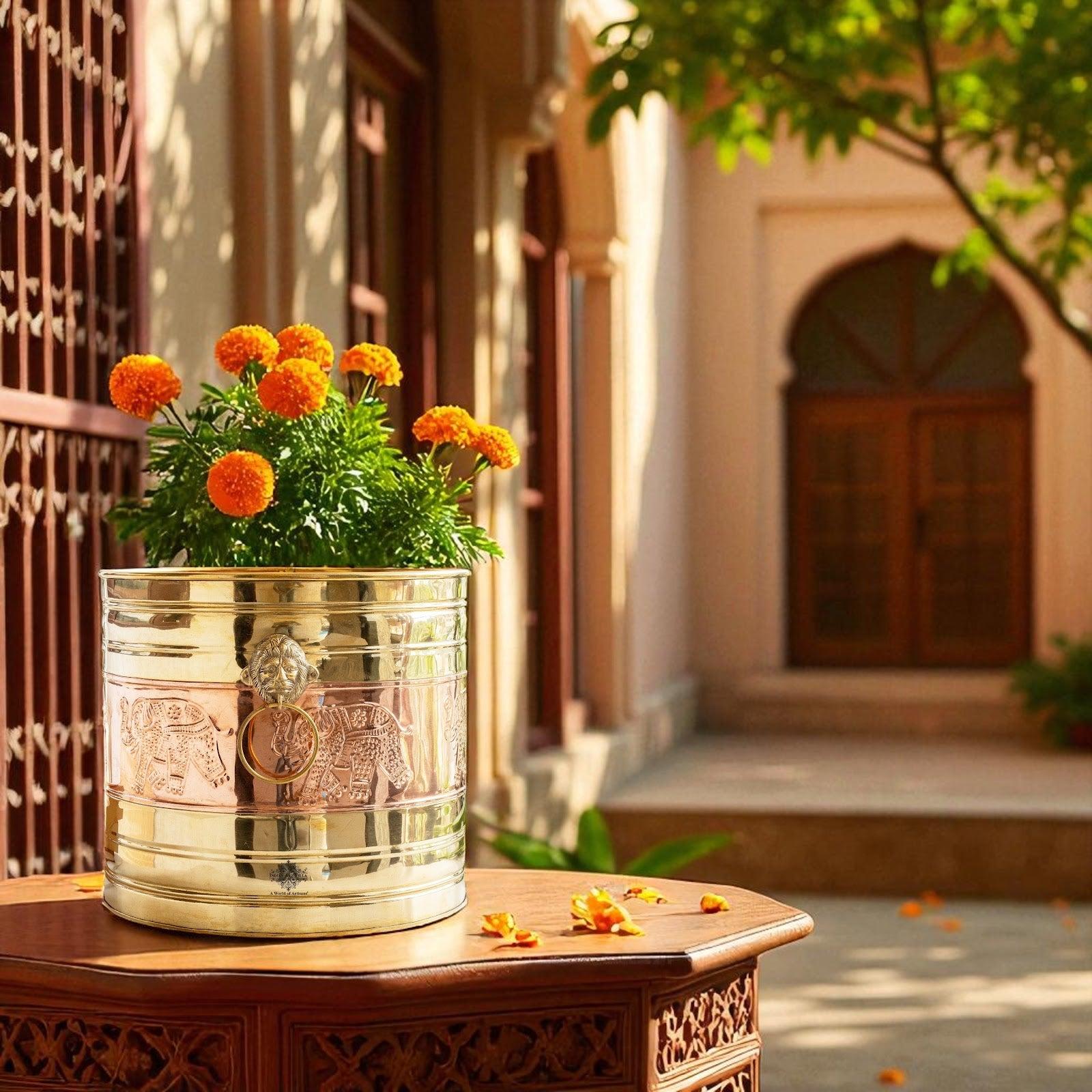 Buy Pure Brass Planter With Embossed & Lining Design & Handle, Size- 31.75 cm x 34.29 cm Online - Indian Art Villa