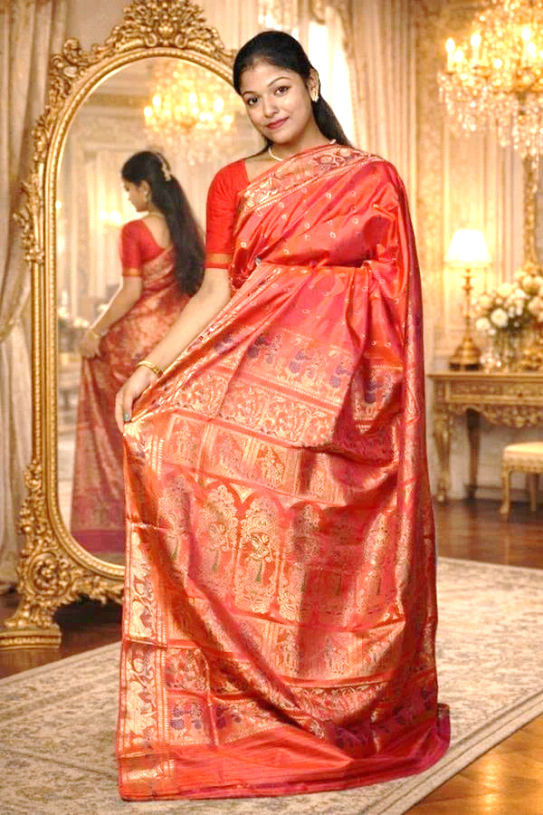 Buy Pure Silk Swarnachari Saree with Krishna Lila Design – Handwoven Mulberry Silk