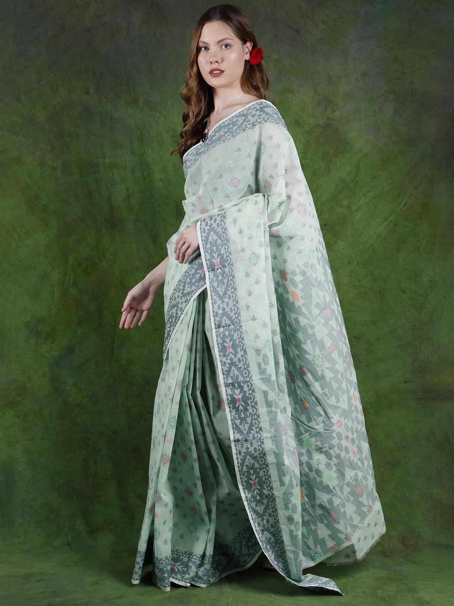 Cotton Jamdani Saree from Kolkata with Woven Bootis All-Over | Exotic India Art