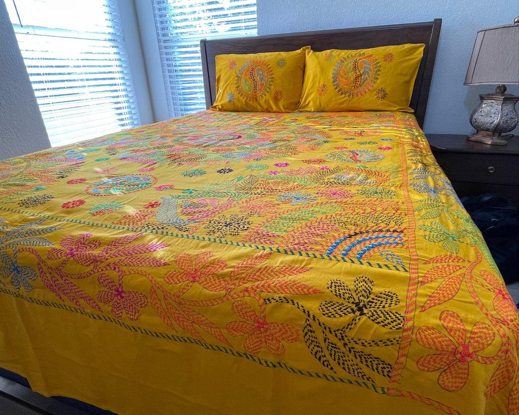 Hand-Embroidered Yellow Cotton Bedspread Set with Kantha Stitching – ETTYL