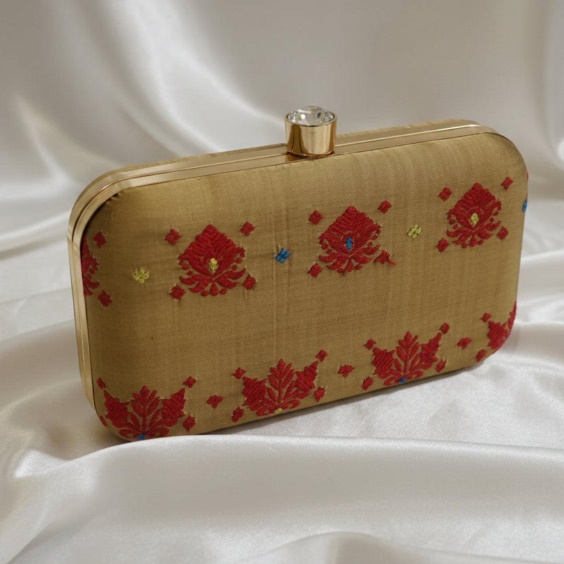 Handwoven Assam Silk Clutch Bag | Antique Gold with Red Traditional Mo
 – assameditions