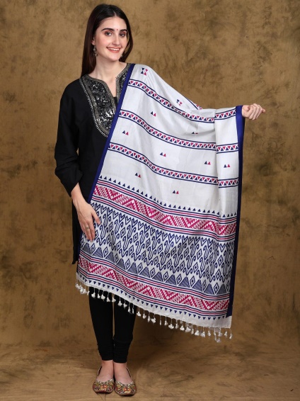 Lucent-White Mulberry Silk Digital Printed Stole from Tripura with Fringe Border | Exotic India Art
