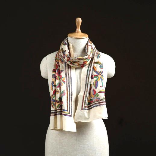 Multicolor Bengal Kantha Hand Embroidered Handloom Tussar Silk Stole
