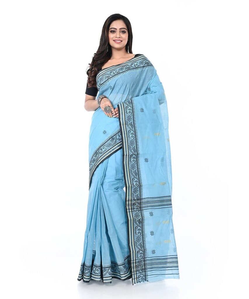 Sky blue handwoven cotton shantipuri saree – GoSwadeshi