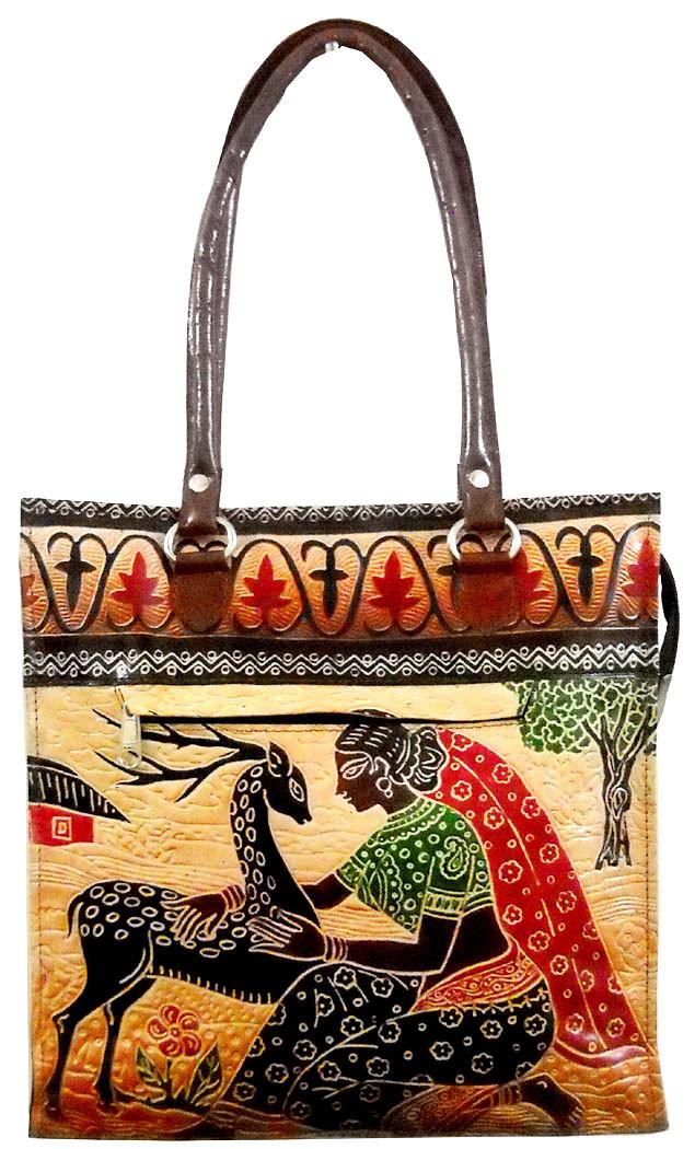 Village Lady Loving a Deer Womens Hand Made Shantiniketan Leather Shoulder Bag | eBay