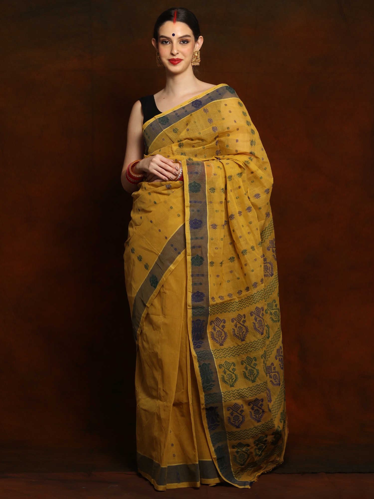 Yellow Ochre Bengal Tangail Handloom Pure Cotton Saree | Exotic India Art